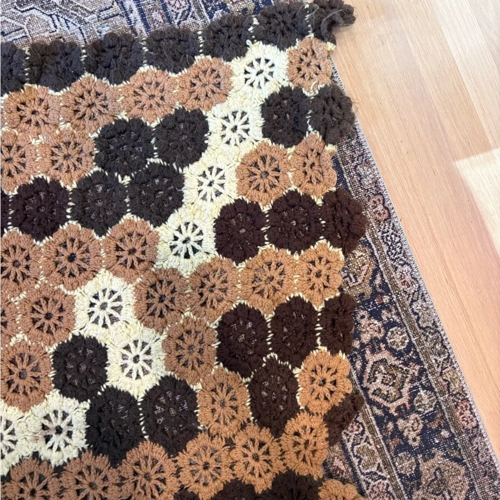 Handmade Hexagonal Crochet Blanket Brown Tan Cream